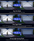 Super Bright Solar Outdoor Lights 2-Pack With Motion Sensor, 178 LEDs, 270 Degree Wide Angle demonstrating 3 modes at a garage