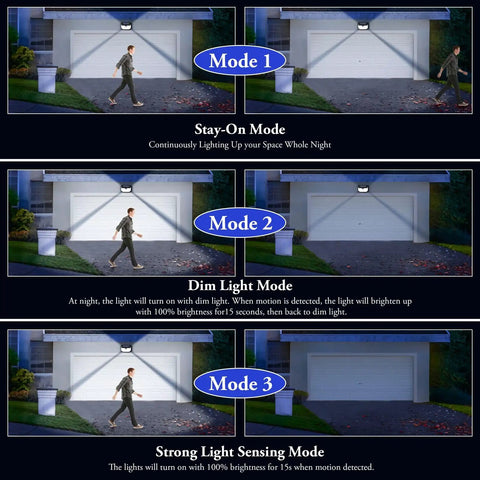 Super Bright Solar Outdoor Lights 2-Pack With Motion Sensor, 178 LEDs, 270 Degree Wide Angle demonstrating 3 modes at a garage