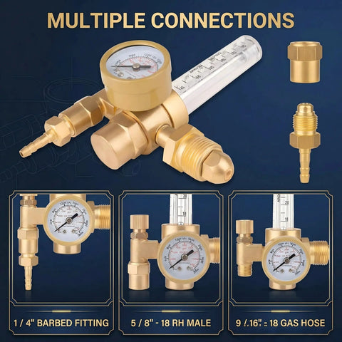 Argon CO2 MIG TIG Regulator With CGA580 Inlet For Welding, 0 To 4000 PSI And 0 To 180 CFH Flow, dual gauges with multiple fittings