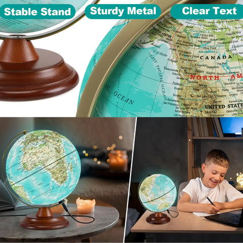 Lit 8 Inch Illuminated World Globe With Wooden Stand Built In LED Night Light Turquoise Blue Globe for Learning Geography