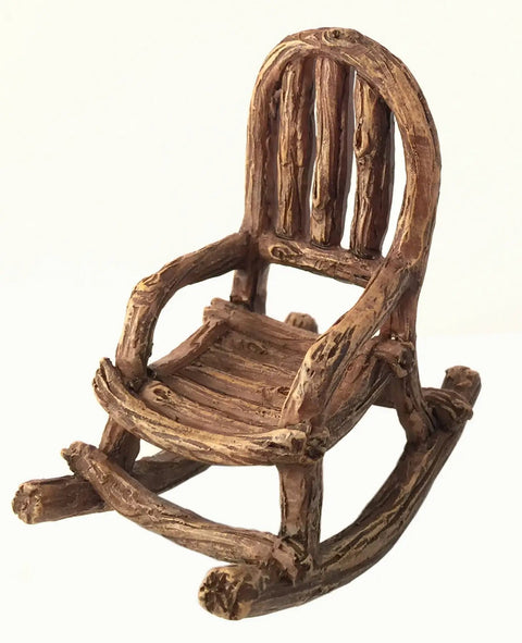 Rustic wood rocking chair from Three Piece Fairy Garden Furniture Set, made from resin for garden fairies, indoor or outdoor display.