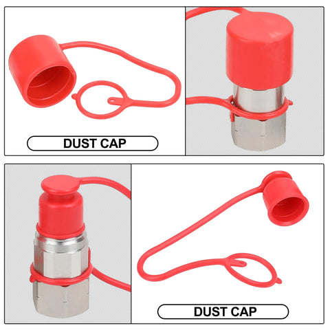 Two red 3/4 in NPT skid-steer hydraulic quick-connect dust caps with tether rings; front and installed views