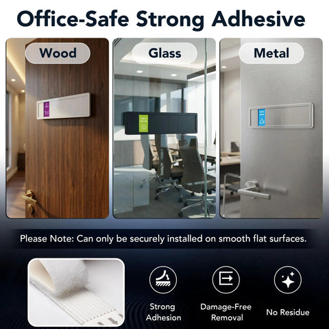 7 Zone Sliding Office Door Sign With 13 Interchangeable Messages installed on wood, glass, metal surfaces with strong adhesive.