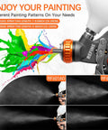 Kickass Hvlp Spray Paint Gun Set With Die Cast Aluminum Body Stainless Tip And Integrated Regulator Built Different Pro Airbrush Rig For Garage Detailing Crisp Coating showcasing spray fan patterns and usage.