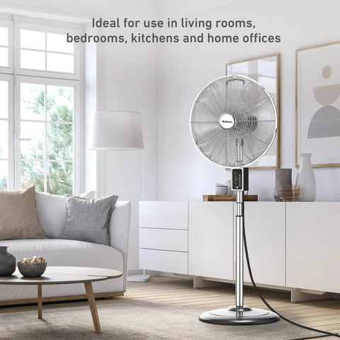 16 Inch Chrome Digital Metal Stand Fan With 3 Speed Settings, 75 Degree Oscillation in modern living room setup