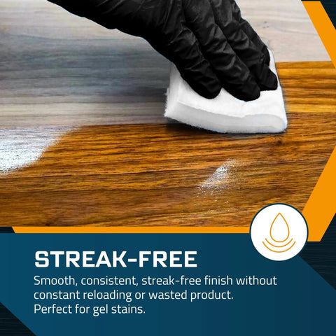 Person using Slick Double Thick Stain Applicator Pad For Wood Finishes And Gel Coating on wood for smooth finish.