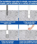 Installation steps of Two Pcs Drop In Anchor Tool Set For Concrete And Stone, showing drilling, cleaning, placing, and hammering.