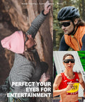 Collage of people using Anti Fog Safety Glasses With Side Shields UV400 Protection in climbing, cycling, and running activities.