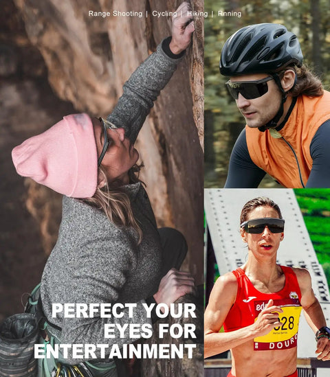 Collage of people using Anti Fog Safety Glasses With Side Shields UV400 Protection in climbing, cycling, and running activities.