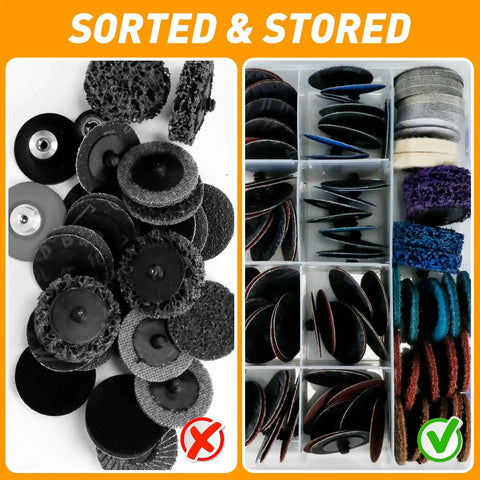 172 Pack 2 Inch Die Grinder Sanding Discs With One Quarter Inch Roll Lock Quick Change System, organized and piled for polishing