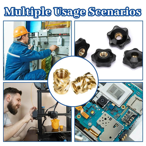 M3 Heat Set Threaded Inserts For Plastic, Brass Knurled Nuts in various usage scenarios including electronics and 3D printing.