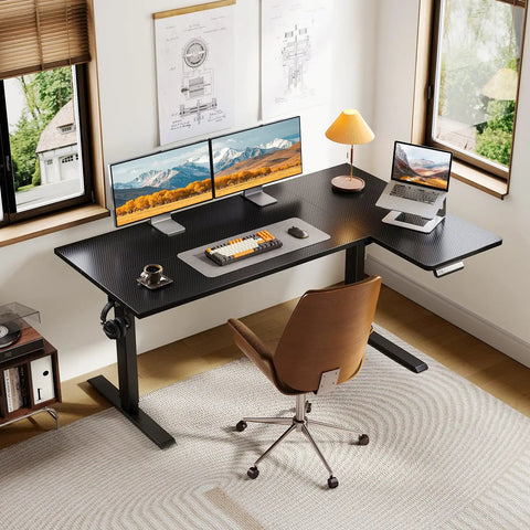 Electric L Shaped Standing Desk With Smooth Motor Height Adjustment From 28.4 To 47.2 Inches, Carbon Fiber Black in home office