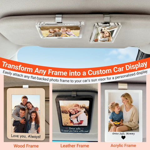 Sun Visor Clips Stainless Steel With 3M Adhesive For Custom Displays In Car, Home And Office Strong Hold 4 Pack Lets You Show Off Photos On Any Surface Frames Not Included attached to car visor with photo frames.