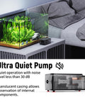 Ultra Silent Aquarium Air Pump For 60 To 90 Gallon Tanks displayed beside fish tank in living room, translucent casing shown.