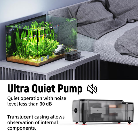 Ultra Silent Aquarium Air Pump For 60 To 90 Gallon Tanks displayed beside fish tank in living room, translucent casing shown.