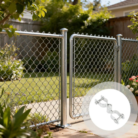 Heavy Duty Steel Gate Hinge For Chain Link Fence One And Three Eighths Inch Round Post Hinge With Bolt Fixing Gate Clamp Durable Silver Hardware For Secure Long Lasting Gates For All Weather Use in garden setting.