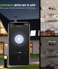 Smart Dimmer Switch For Easy Home Lighting Control No Hub Required Neutral Wire Required Single Pole Works With Alexa And Google Assistant UL Listed TGWF500D 2 Pack shown with smartphone app interface and dimmed kitchen lights.