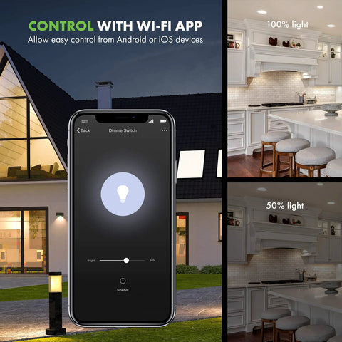 Smart Dimmer Switch For Easy Home Lighting Control No Hub Required Neutral Wire Required Single Pole Works With Alexa And Google Assistant UL Listed TGWF500D 2 Pack shown with smartphone app interface and dimmed kitchen lights.