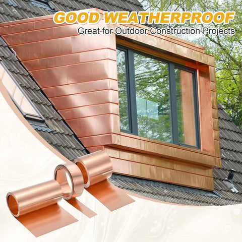Copper Sheet Roll 3.28ft 1.57in 0.05mm Pure Copper Flashing Plate on building exterior and roll displayed below