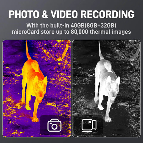 Thermal Monocular For Night Hunting And Wildlife Watch, 256x192 Sensor With Super Resolution To 512x384 sample image of dog in infrared color palettes.
