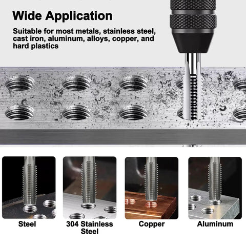 6 32 UNC Tap and No 36 Drill Bit Set for Metal Machining shown creating threads in various metal types, like steel and copper.