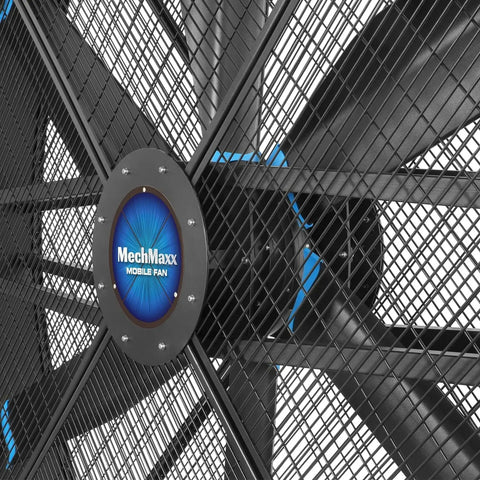 Built Tough 79 Inch Portable Industrial Fan With Pro Grade PMSM Motor close-up of blades and grille for enhanced airflow and cooling.