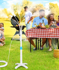 Adjustable Outdoor Patio Misters Stand with Flexible Riser near picnic table and family on grass with BBQ grill