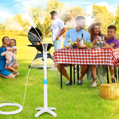 Adjustable Outdoor Patio Misters Stand with Flexible Riser near picnic table and family on grass with BBQ grill