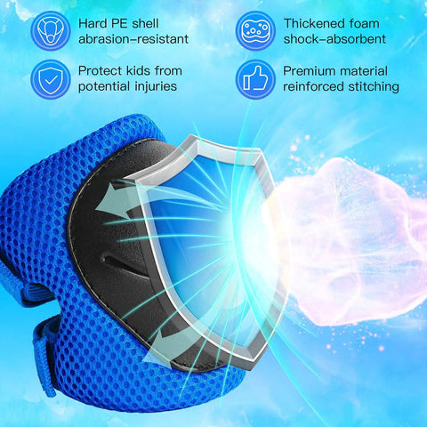 Kids 3 In 1 Protective Gear Set Knee Pads Elbow Pads And Wrist Guards For Ages 7 To 13 Blue showing hard PE shell and foam