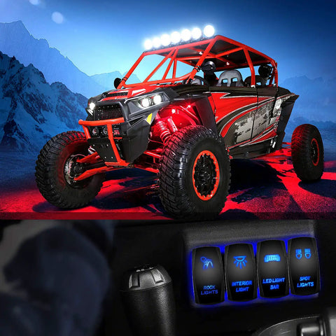 Rock Lights With Five Pin On Off Rocker Switch LED Light Bar For Jeep Boat Truck, Laser On Off, 12V and 24V Compatible