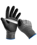 Built Tough Cut Resistant Work Gloves With HPPE And Metal Yarn Blend, Nitrile Honeycomb Coating For EN388 Level D Protection shown holding a knife