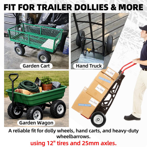Garden cart, hand truck, and garden wagon equipped with 12 Inch Flat Free Solid Tire And Wheel Set For Trailer Dollies And Utility Carts.