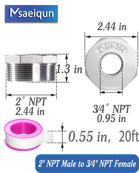 Stainless Steel Reducer Hex Bushing Pipe Fitting 2 Inch NPT Male To Three Quarter Inch NPT Female Adapter Kit Pack Of 2 dimensions