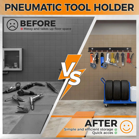 Wall Mount Pneumatic Tool Holder Eight Slot Rack For Garage Shop, Lockable Air Tool Hanger, before and after garage organization