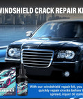 Two Piece Upgraded Windshield Crack Repair Kit for Cars and Daily Drivers shown with car and repair liquid bottle in urban setting