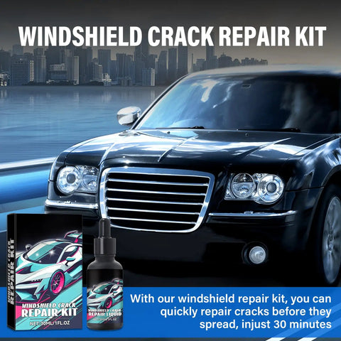 Two Piece Upgraded Windshield Crack Repair Kit for Cars and Daily Drivers shown with car and repair liquid bottle in urban setting