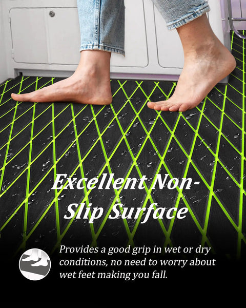 Bare feet on EVA Foam Boat Flooring Decking Sheet 6mm Thick Diamond Grippy Anti Slip Marine Mat, black and green design