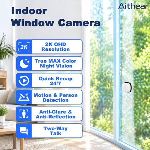 No Drills Necessary Two Pack 2K Window Security Cameras Indoor Home Surveillance For Round The Clock Ai Person Detection And Vivid Color Night Vision With Dual Band Wifi Recording And Solid Guard displayed next to a bright window.