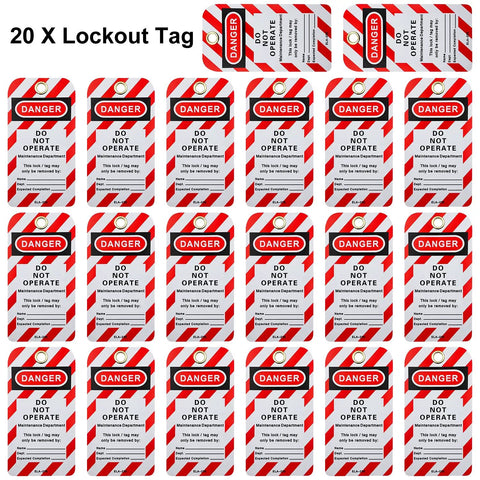 Circuit Breaker Lockout Device 20 Pack Universal Single And Multi Pole Lockout Tags LOTO Kit OSHA Compliant Electrical Safety For Worksites And Panels Heavy Duty, showing 20 lockout tags with 'Danger Do Not Operate' message.