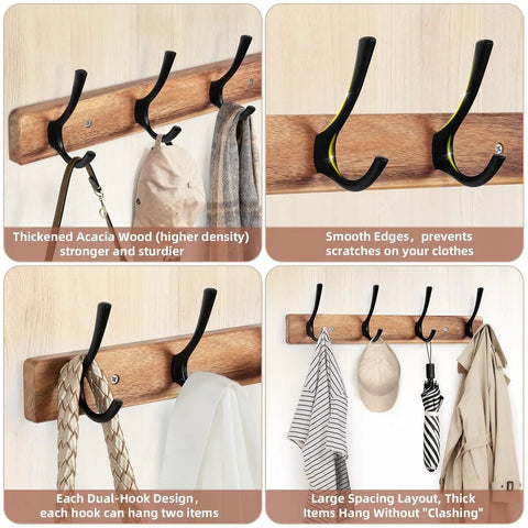 Acacia Wood Wall Coat Rack With Heavy Duty 4 Double Hooks, 15 Inch Long Hat Rack for Coats, Bags, Towels, and Leashes display