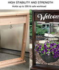 Side-by-side images of a wooden frame with a screw eye and a decorative sign holding a flower pot for outdoor use.