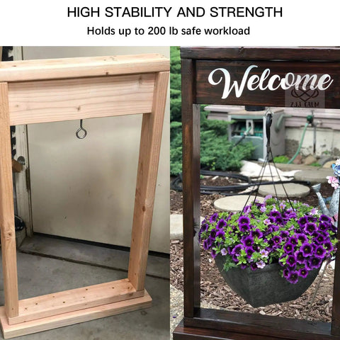 Side-by-side images of a wooden frame with a screw eye and a decorative sign holding a flower pot for outdoor use.