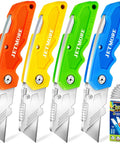 Color Coded Utility Knife Set With 4 Folding Box Cutters And 10 SK5 Blades, colorful razor knives shown with packaging
