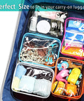 TSA Approved Clear Toiletry Bags Set, 5 Pack In 5 Colors inside a suitcase, showing multiple items organized in transparent pouches.