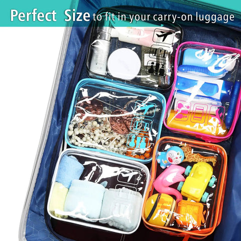 TSA Approved Clear Toiletry Bags Set, 5 Pack In 5 Colors inside a suitcase, showing multiple items organized in transparent pouches.
