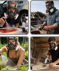 Collage showing Dope Pro Grade Full Face Respirator Mask With Replaceable Filters For Painting, spraying, and woodworking use.