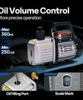 Knockout Performance One Third Hp Five Cfm Ac Vacuum Pump showing oil volume control, filling port, and scale mark details.