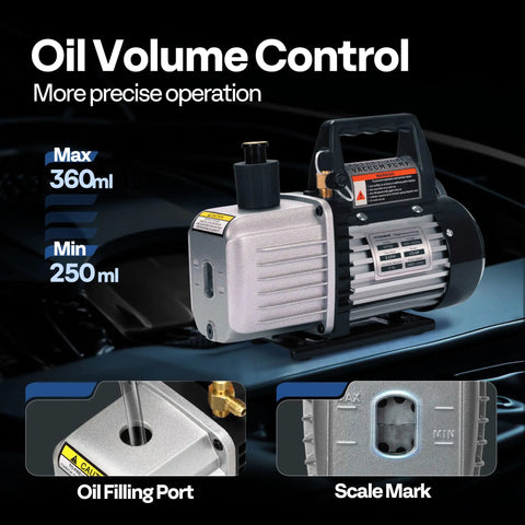 Knockout Performance One Third Hp Five Cfm Ac Vacuum Pump showing oil volume control, filling port, and scale mark details.