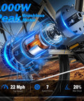 Beast 1000W Peak Electric Bike For Adults with motor detail showing 22 MPH top speed and 7 speed gears system.