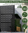 72 Inch Metal Outdoor Privacy Screen Panel Freestanding Decorative Fence For Patio Garden And Yard Trash Can Screen X Black Weather Resistant Powder Coated Durable Steel Construction Keeps Your Space Private And Organized showing a sleek design beside garden tools and a trash can.